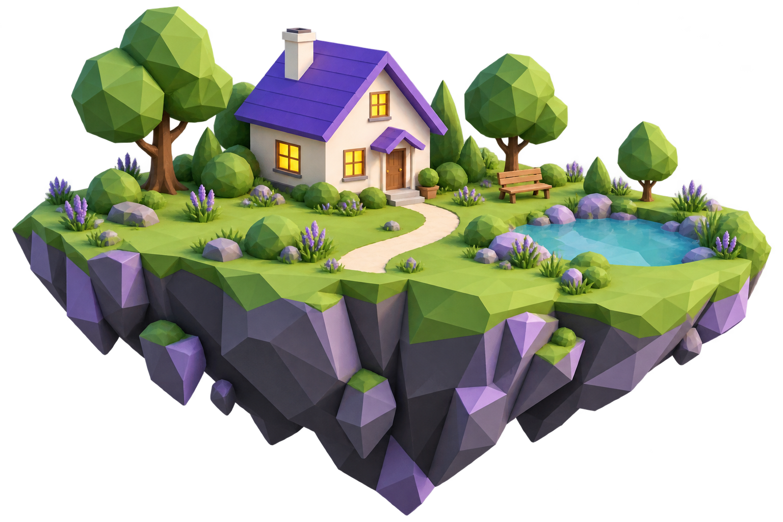 A peaceful floating island with a purple-roofed home, green trees, and a little pond